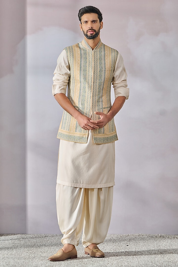 Beige Linen Printed & Embroidered Bundi Jacket by Tarun Tahiliani Men