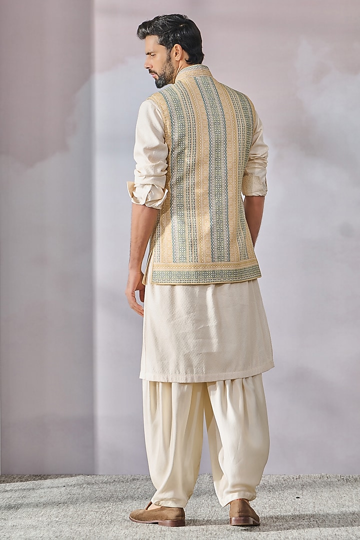 Beige Linen Printed & Embroidered Bundi Jacket by Tarun Tahiliani Men at Pernia's Pop Up Shop