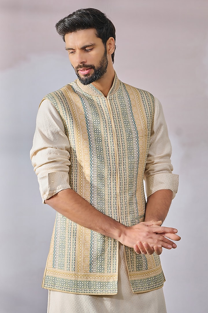 Beige Linen Printed & Embroidered Bundi Jacket by Tarun Tahiliani Men at Pernia's Pop Up Shop