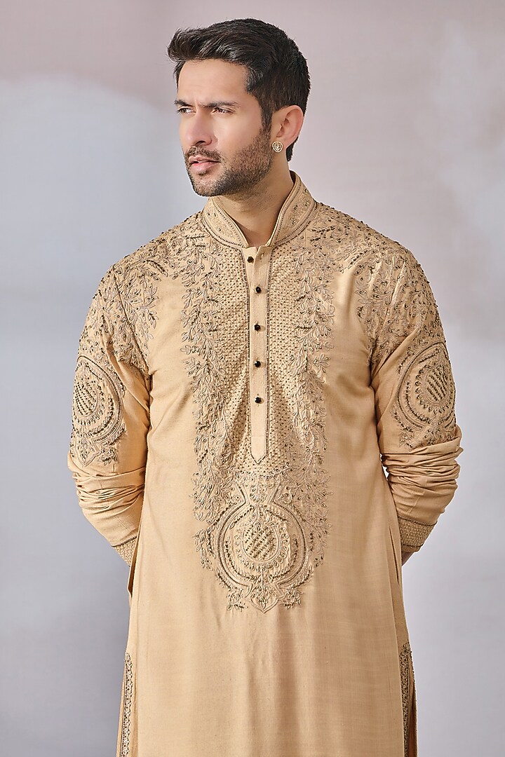 Gold Tussar Viscose Slub Hand Embroidered Kurta Set by Tarun Tahiliani Men at Pernia's Pop Up Shop