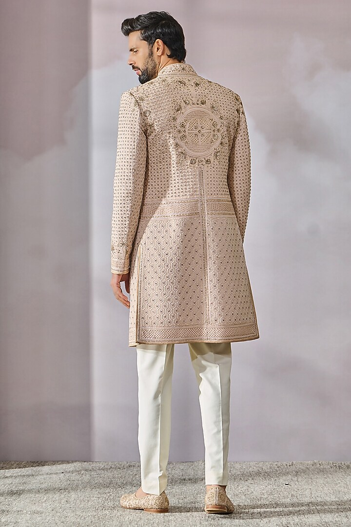 Salmon Georgette Pearl Embroidered Groom Sherwani Set by Tarun Tahiliani Men at Pernia's Pop Up Shop