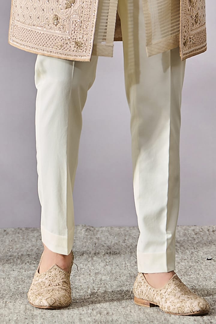 Salmon Georgette Pearl Embroidered Groom Sherwani Set by Tarun Tahiliani Men at Pernia's Pop Up Shop
