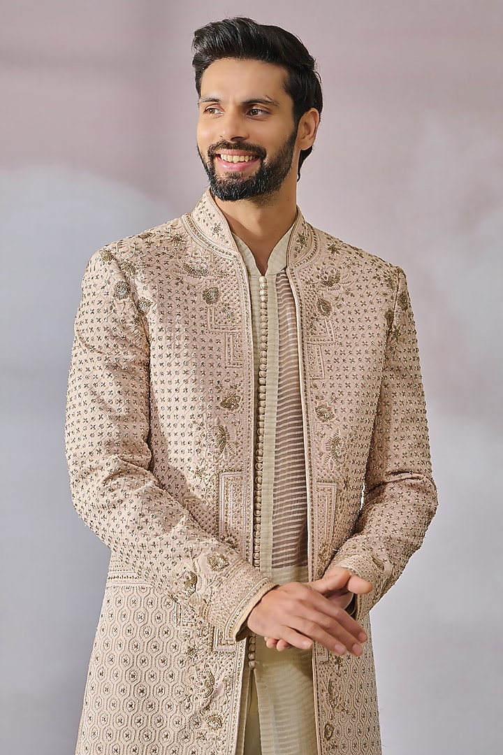 Salmon Georgette Pearl Embroidered Groom Sherwani Set by Tarun Tahiliani Men at Pernia's Pop Up Shop