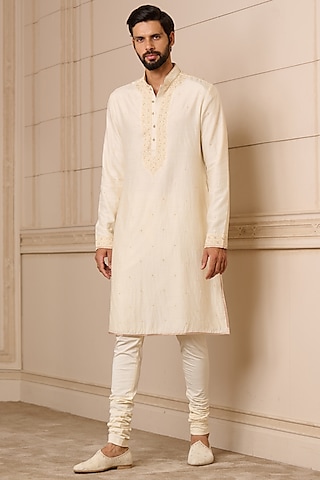 Ivory Spun Silk & Moonga Satin Embroidered Kurta Set by Tarun Tahiliani Men
