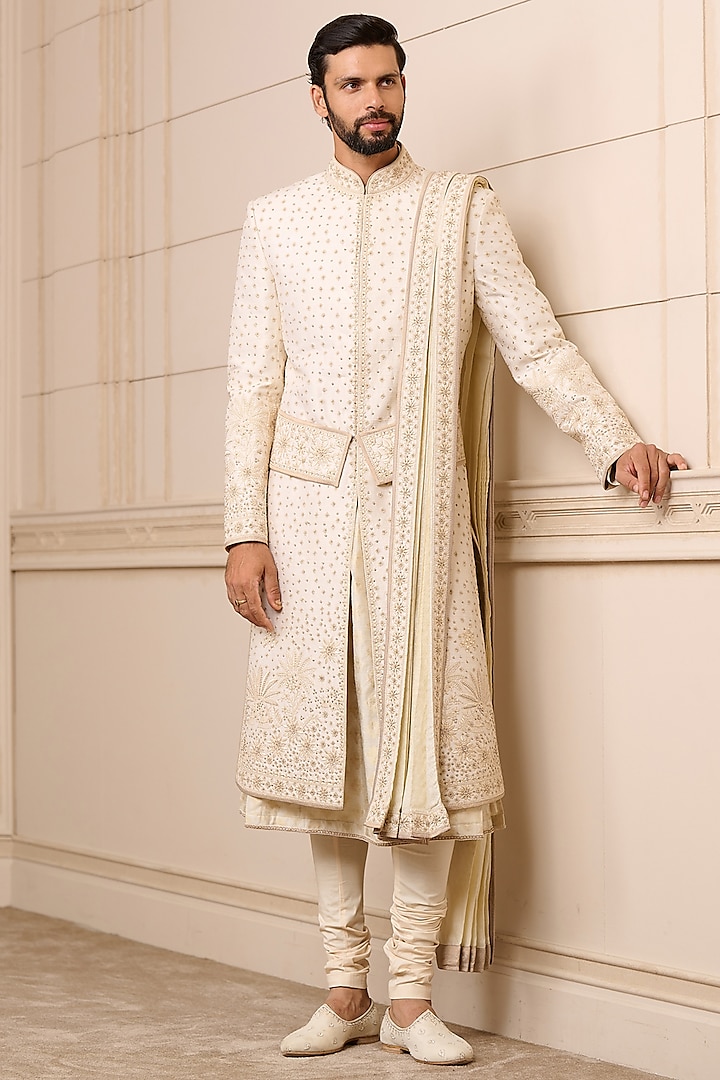 Ivory Raw Silk Hand Embroidered Groom Sherwani Set by Tarun Tahiliani Men at Pernia's Pop Up Shop