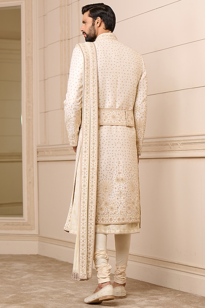Ivory Raw Silk Hand Embroidered Groom Sherwani Set by Tarun Tahiliani Men at Pernia's Pop Up Shop