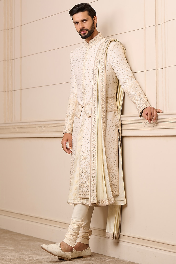 Ivory Raw Silk Hand Embroidered Groom Sherwani Set by Tarun Tahiliani Men at Pernia's Pop Up Shop