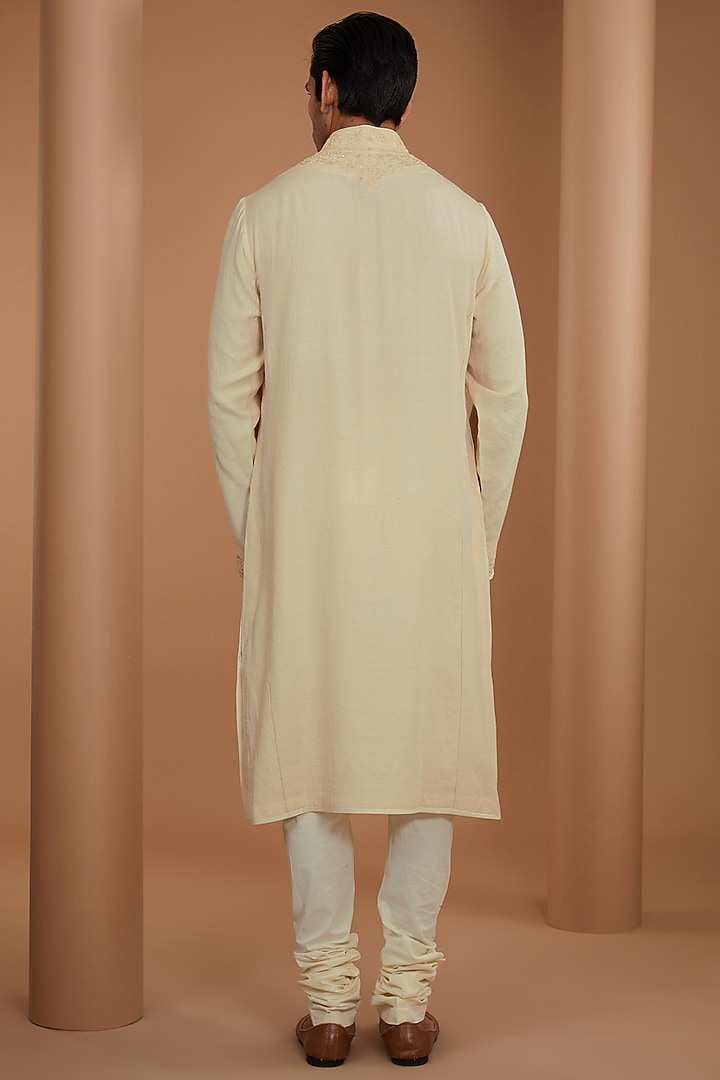 Beige Spun Silk Thread Embroidered Kurta Set by Tarun Tahiliani Men at Pernia's Pop Up Shop