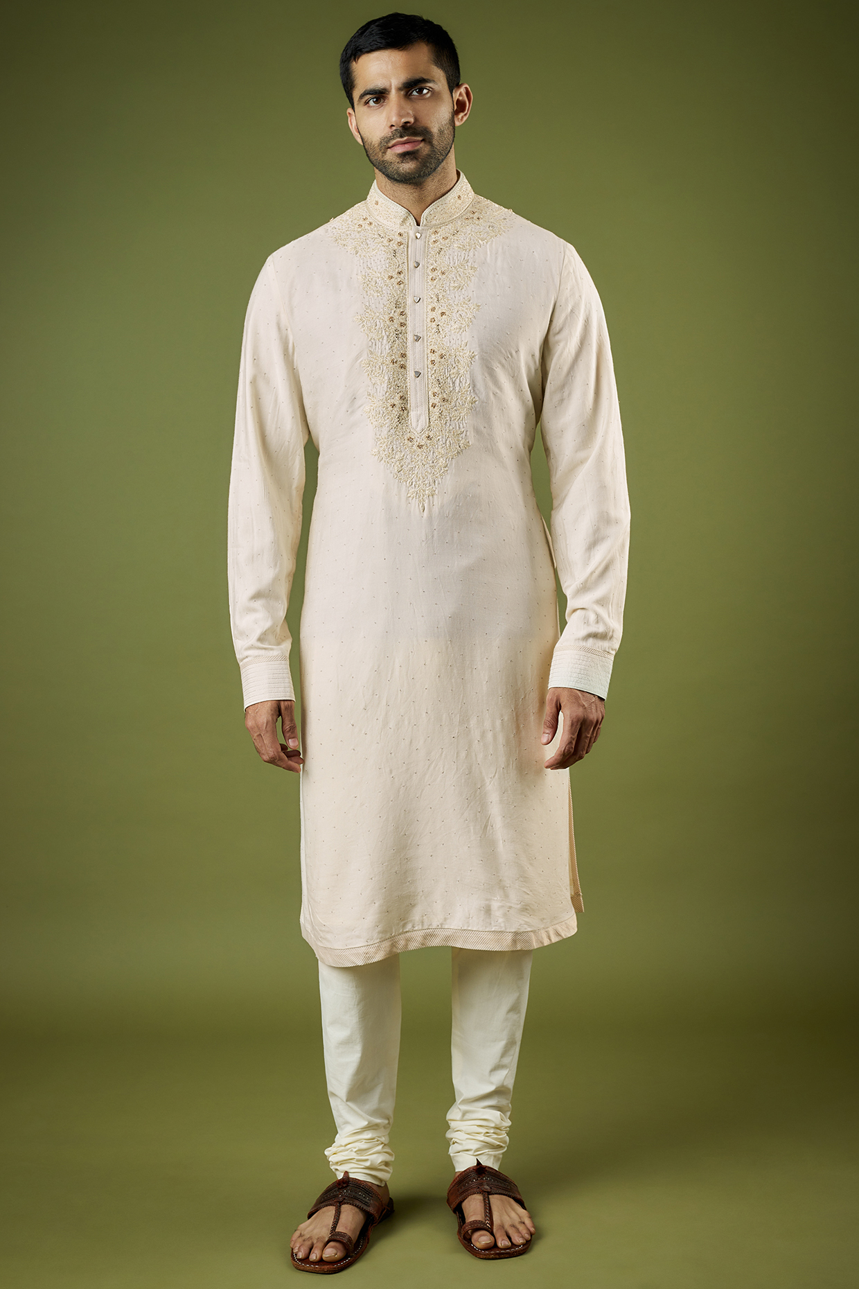 Ivory Spun Silk Embroidered Kurta Set by Tarun Tahiliani Men