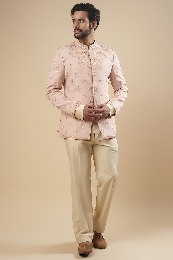 Salmon Pink Georgette Aari Embroidered Bandhgala Set by Tarun Tahiliani Men