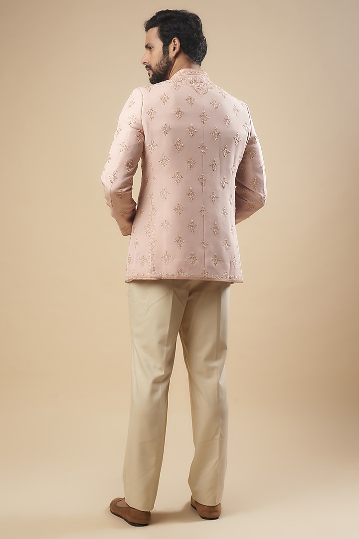 Salmon Pink Georgette Aari Embroidered Groom Bandhgala Set by Tarun Tahiliani Men at Pernia's Pop Up Shop