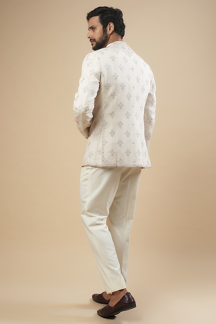 Ivory Georgette Aari Embroidered Groom Bandhgala Set by Tarun Tahiliani Men at Pernia's Pop Up Shop