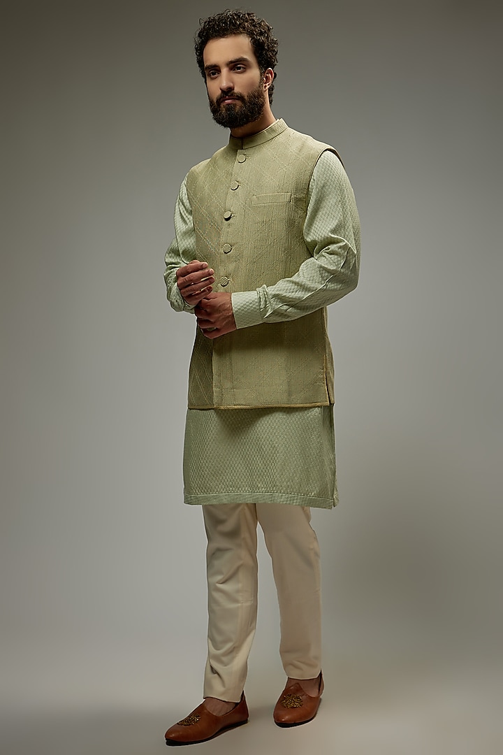 Mint Green Dupion Silk Bundi Jacket by Tarun Tahiliani Men at Pernia's Pop Up Shop