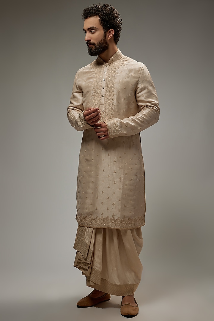 Light Gold Chanderi Embroidered Kurta Set by Tarun Tahiliani Men