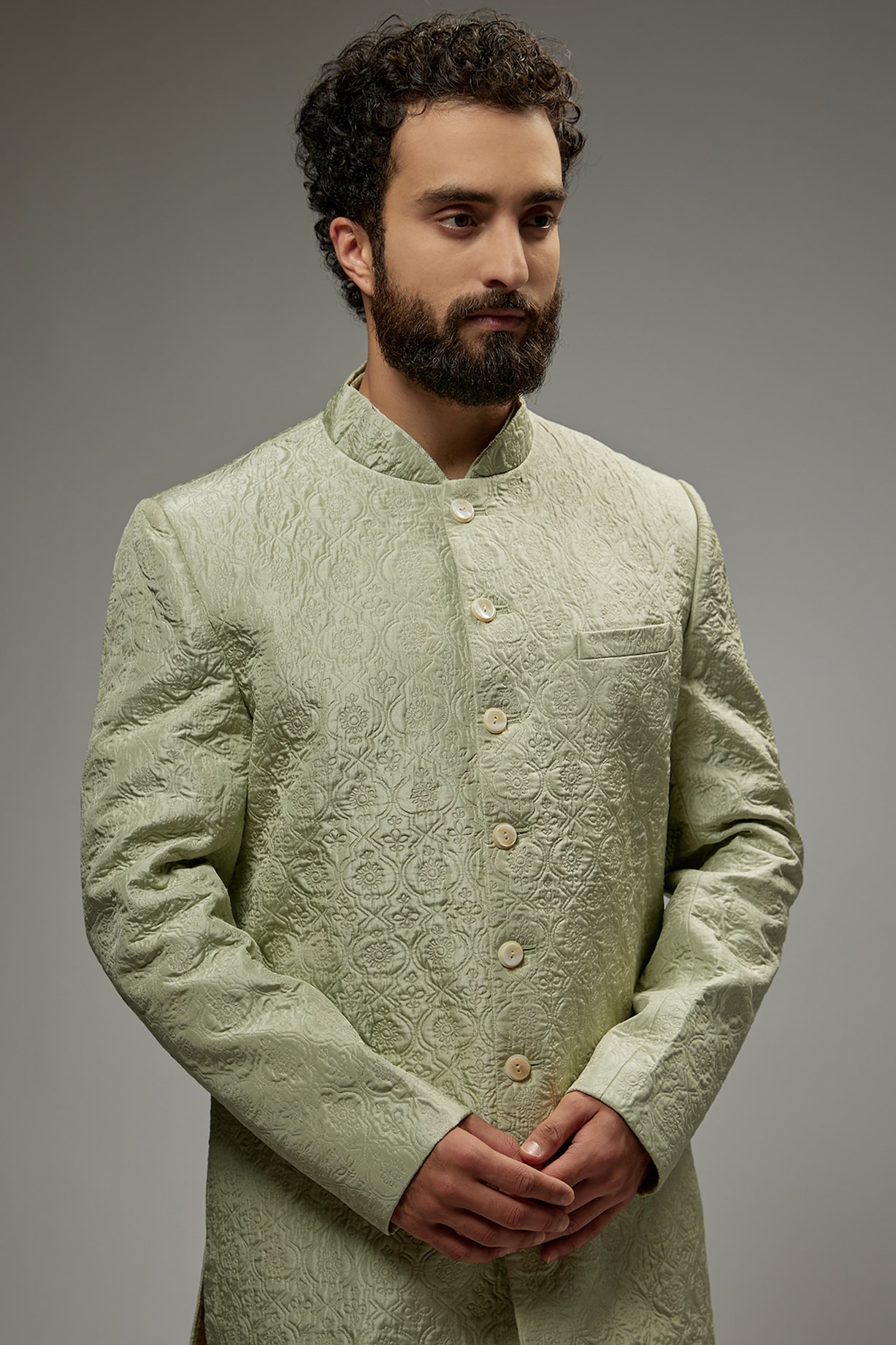 Buy Tarun Tahiliani Men Mint Green Silk Embroidered Sherwani Set at ...