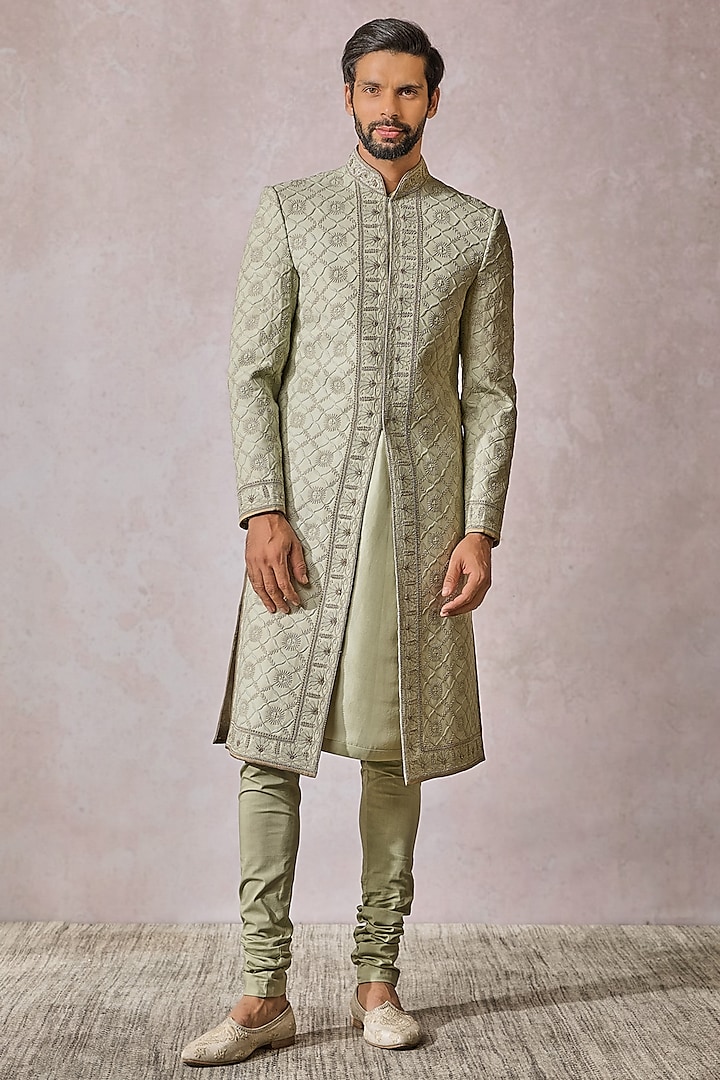 Jade Georgette & Dupion Silk Zardosi Embroidered Chikankari Sherwani Set by Tarun Tahiliani Men