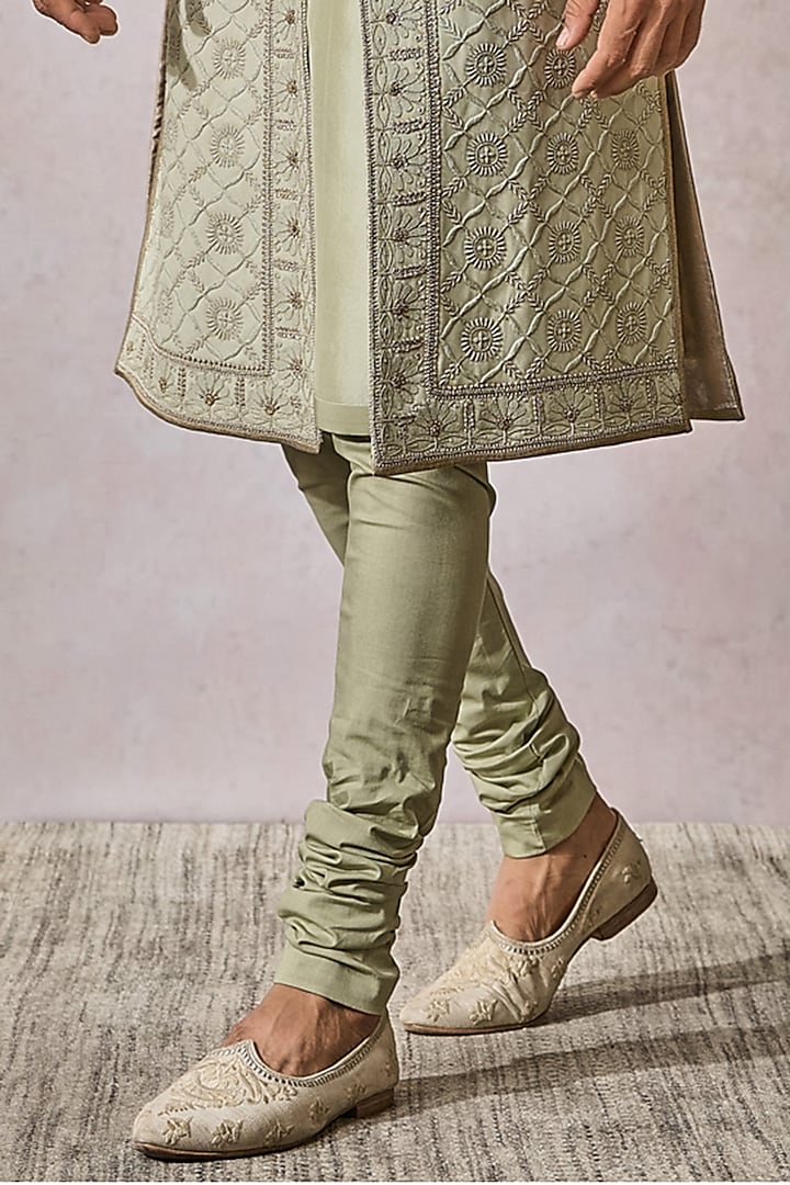 Jade Georgette & Dupion Silk Zardosi Embroidered Chikankari Groom Sherwani Set by Tarun Tahiliani Men at Pernia's Pop Up Shop