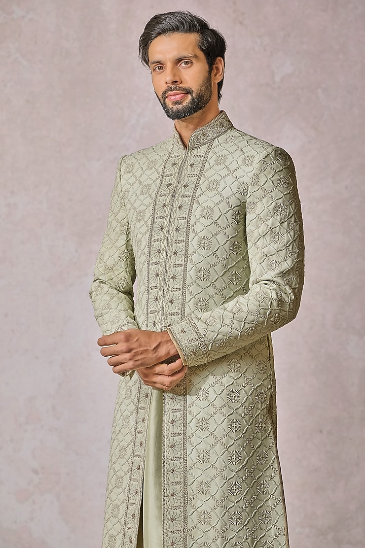 Jade Georgette & Dupion Silk Zardosi Embroidered Chikankari Groom Sherwani Set by Tarun Tahiliani Men at Pernia's Pop Up Shop