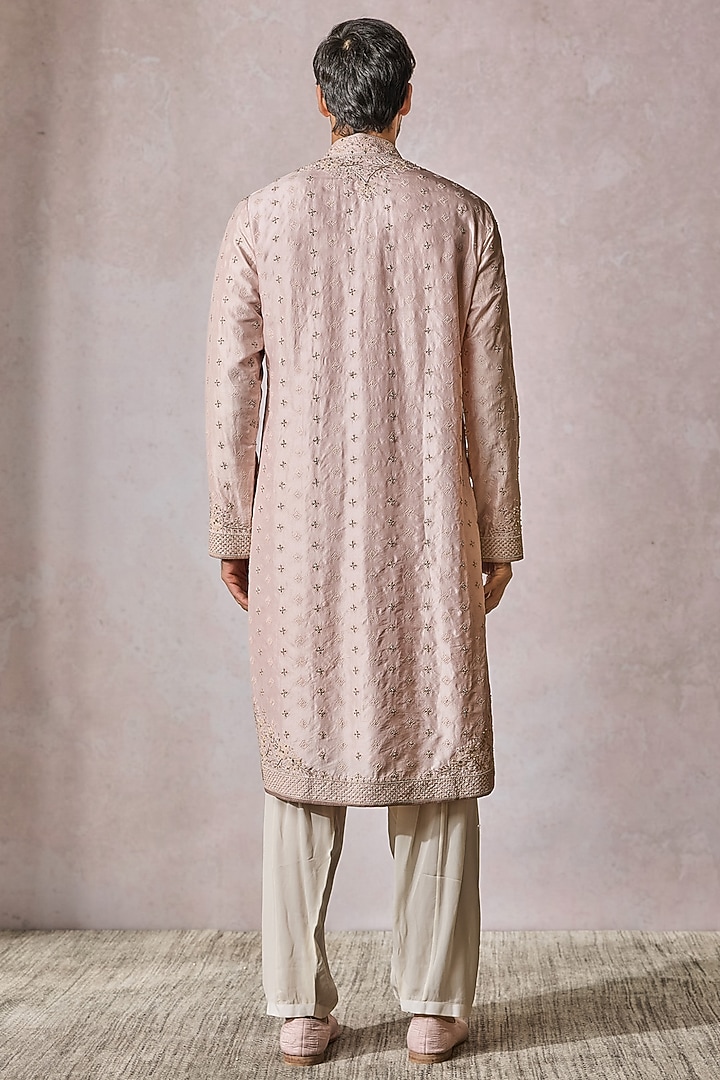 Salmon Silk Floral Printed Kurta Set by Tarun Tahiliani Men at Pernia's Pop Up Shop