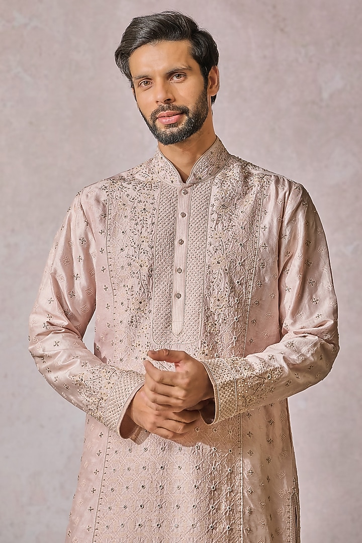 Salmon Silk Floral Printed Kurta Set by Tarun Tahiliani Men at Pernia's Pop Up Shop