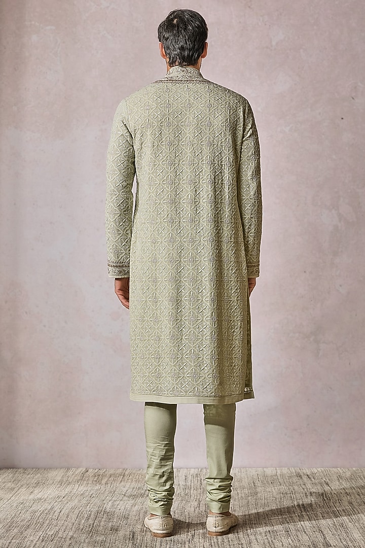 Jade Georgette & Stretch Poplin Zardosi Embroidered Chikankari Kurta Set by Tarun Tahiliani Men at Pernia's Pop Up Shop