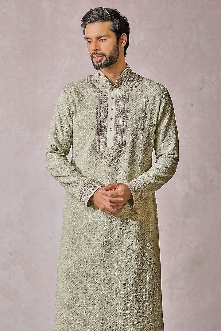 Jade Georgette & Stretch Poplin Zardosi Embroidered Chikankari Kurta Set by Tarun Tahiliani Men at Pernia's Pop Up Shop