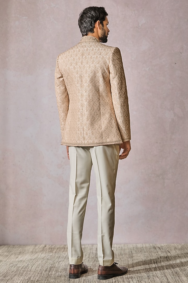 Salmon Raw Silk Embroidered Groom Bandhgala Set by Tarun Tahiliani Men at Pernia's Pop Up Shop