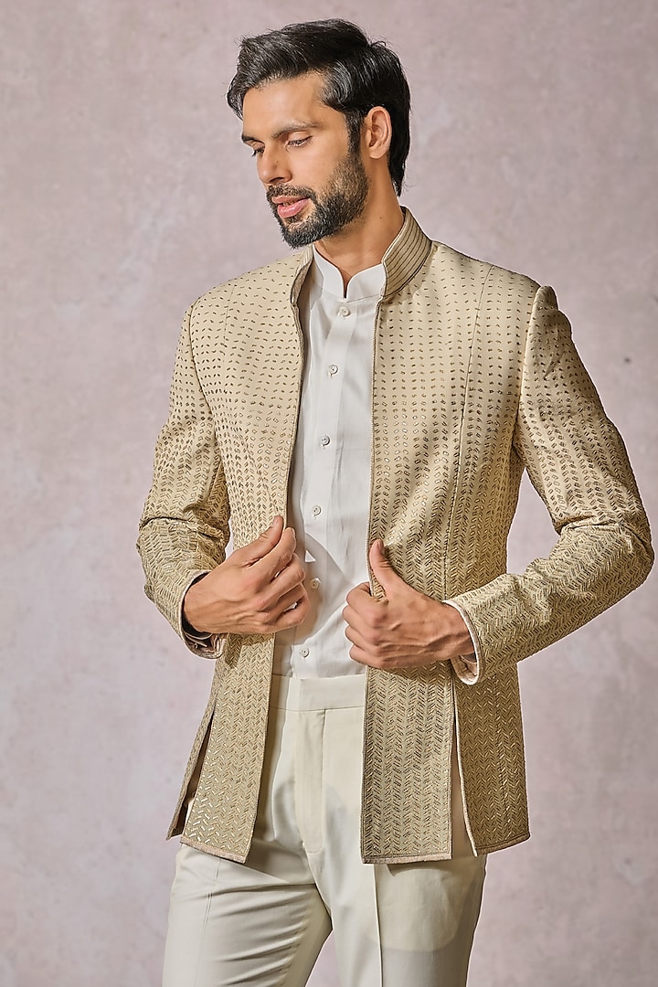 Beige & Jade Ombre Georgette Thread Work Groom Bandhgala Set by Tarun Tahiliani Men at Pernia's Pop Up Shop