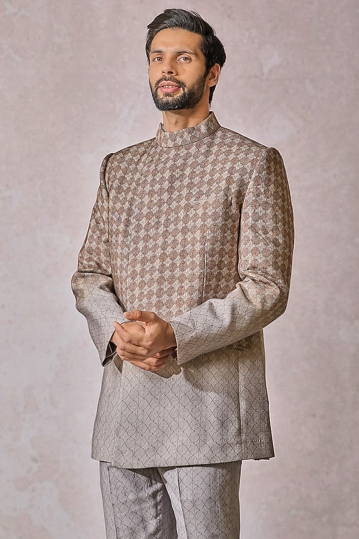 Multi-Colored Tussar Slub Printed Wedding Bandhgala Set by Tarun Tahiliani Men at Pernia's Pop Up Shop