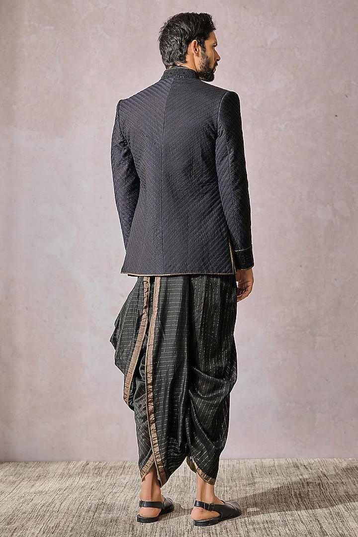 Black Chanderi Jacquard Hand Embroidered Groom Bandhgala Set by Tarun Tahiliani Men at Pernia's Pop Up Shop