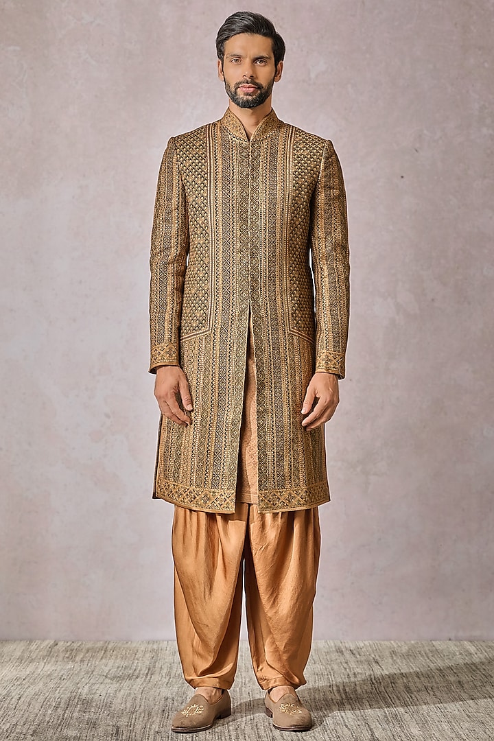 Multi-Colored Linen Printed & Embroidered Sherwani Set by Tarun Tahiliani Men