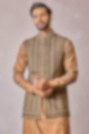 Multi-Colored Linen Printed & Embroidered Bundi Jacket by Tarun Tahiliani Men