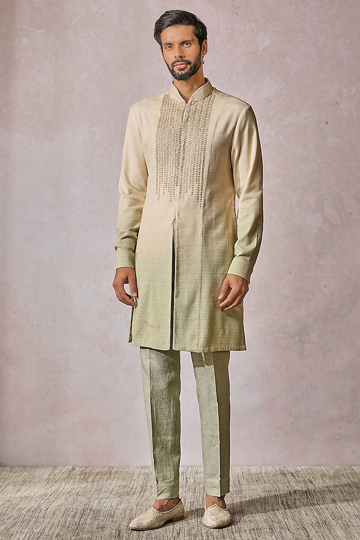 Beige & Jade Ombre Cotton Moss Embroidered Kurta Set by Tarun Tahiliani Men