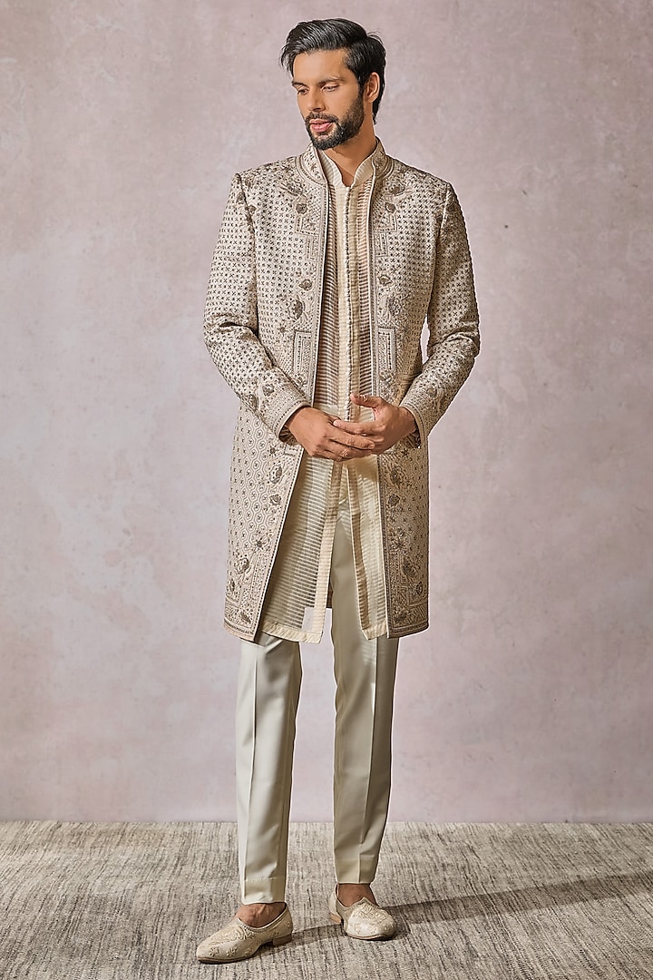 Ivory Georgette Thread Embroidered Sherwani Set by Tarun Tahiliani Men