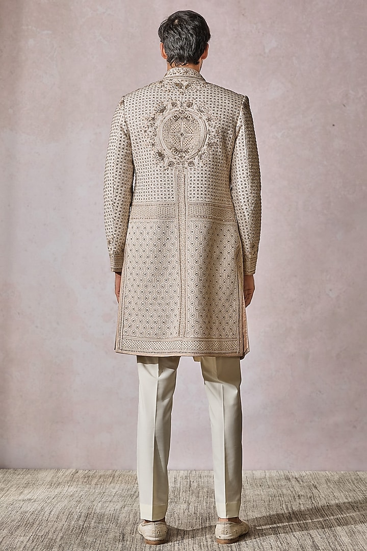 Ivory Georgette Thread Embroidered Groom Sherwani Set by Tarun Tahiliani Men at Pernia's Pop Up Shop