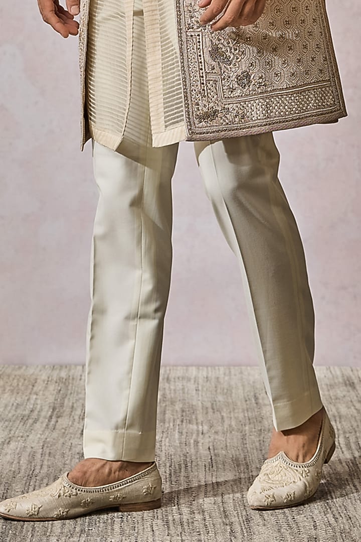 Ivory Georgette Thread Embroidered Groom Sherwani Set by Tarun Tahiliani Men at Pernia's Pop Up Shop