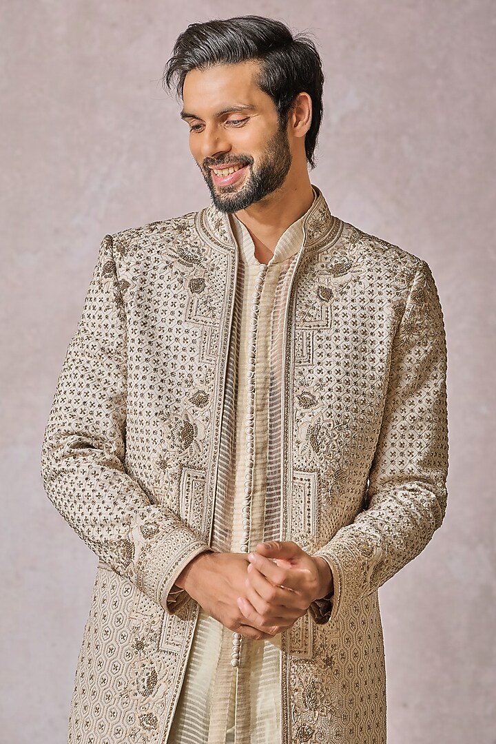 Ivory Georgette Thread Embroidered Groom Sherwani Set by Tarun Tahiliani Men at Pernia's Pop Up Shop