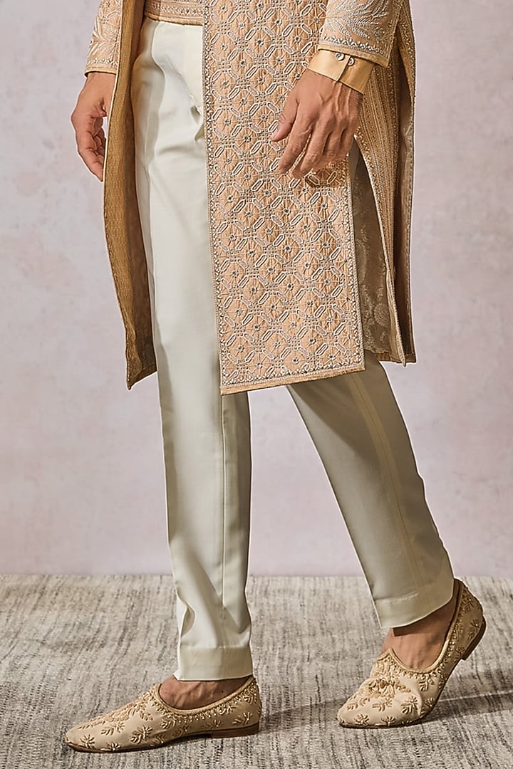 Beige Silk Dupion Hand Embroidered Groom Sherwani Set by Tarun Tahiliani Men at Pernia's Pop Up Shop