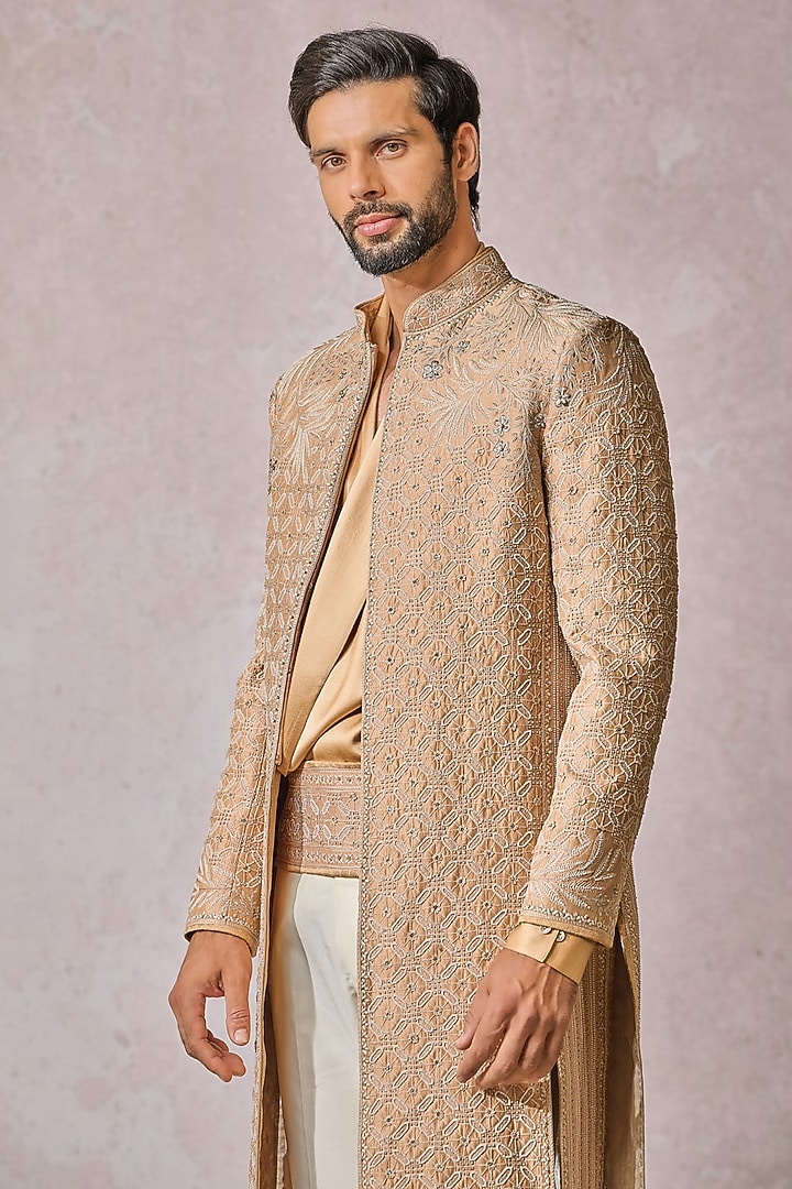 Beige Silk Dupion Hand Embroidered Groom Sherwani Set by Tarun Tahiliani Men at Pernia's Pop Up Shop