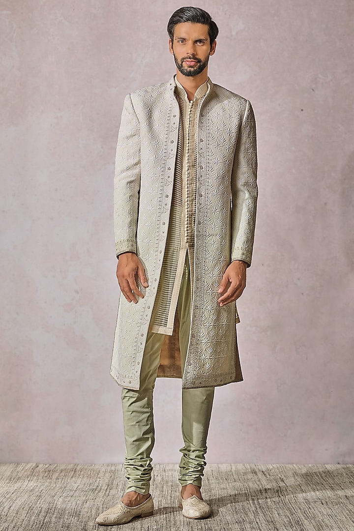 Beige & Jade Ombre Chikankari Thread Embroidered Sherwani Set by Tarun Tahiliani Men