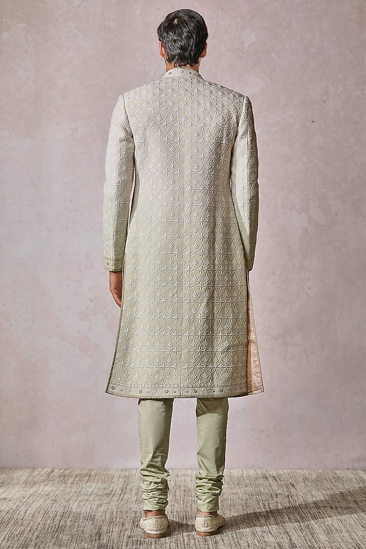 Beige & Jade Ombre Chikankari Thread Embroidered Groom Sherwani Set by Tarun Tahiliani Men at Pernia's Pop Up Shop