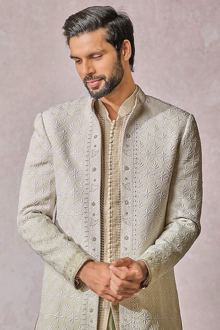 Beige & Jade Ombre Chikankari Thread Embroidered Groom Sherwani Set by Tarun Tahiliani Men at Pernia's Pop Up Shop