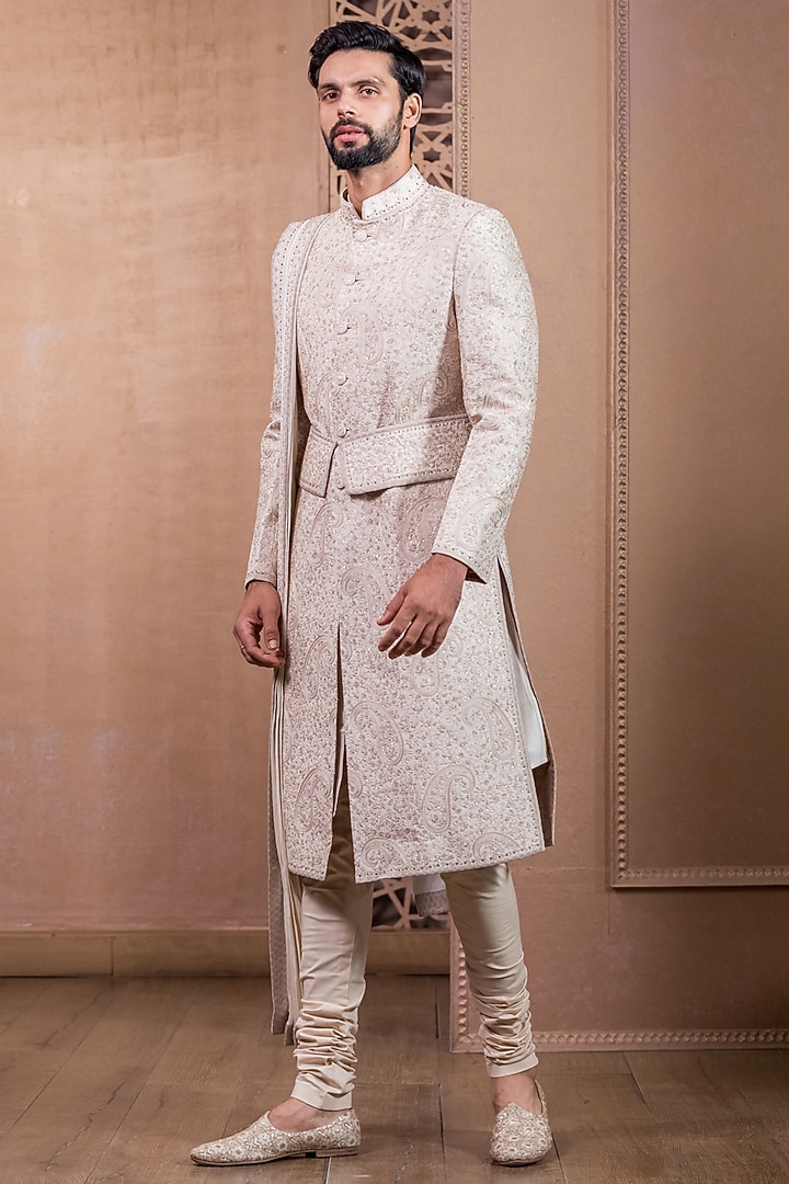 Ivory Raw Silk Hand Embroidered Groom Sherwani Set by Tarun Tahiliani Men at Pernia's Pop Up Shop