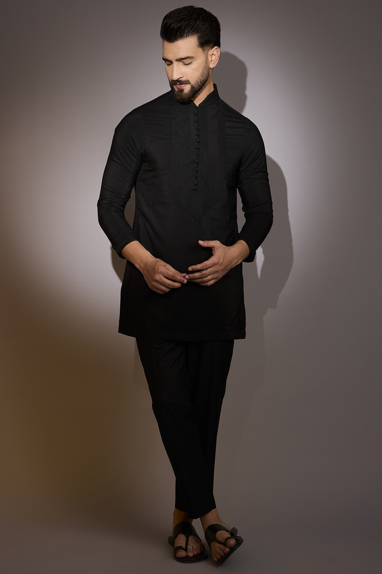 Black Cotton Tussar Embroidered Kurta Set by Tarun Tahiliani Men