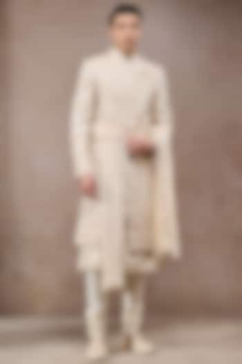Ivory Tissue Satin Thread Embroidered Groom Sherwani Set by Tarun Tahiliani Men at Pernia's Pop Up Shop