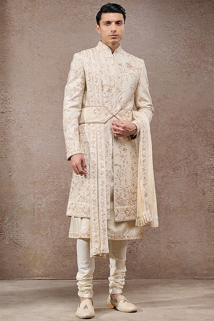 Ivory Tissue Satin Thread Embroidered Groom Sherwani Set by Tarun Tahiliani Men at Pernia's Pop Up Shop