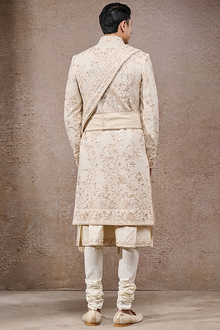 Ivory Tissue Satin Thread Embroidered Groom Sherwani Set by Tarun Tahiliani Men at Pernia's Pop Up Shop