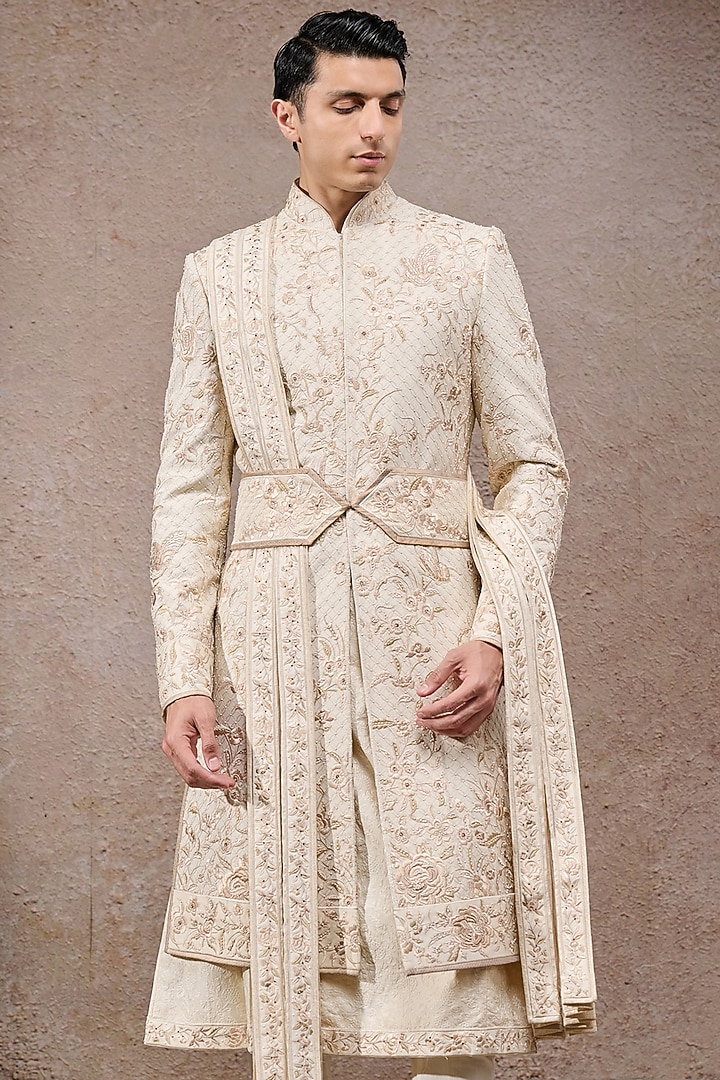 Ivory Tissue Satin Thread Embroidered Groom Sherwani Set by Tarun Tahiliani Men at Pernia's Pop Up Shop