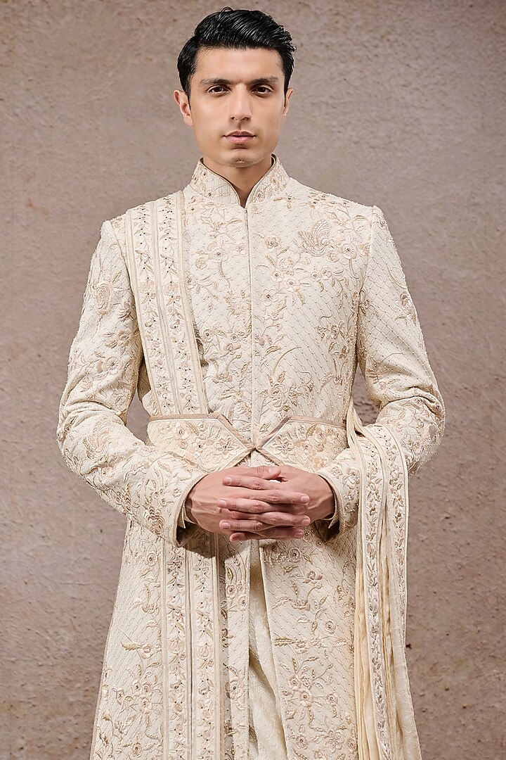 Ivory Tissue Satin Thread Embroidered Groom Sherwani Set by Tarun Tahiliani Men at Pernia's Pop Up Shop