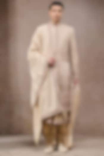 Beige Double Georgette Thread Embroidered Groom Sherwani Set by Tarun Tahiliani Men at Pernia's Pop Up Shop